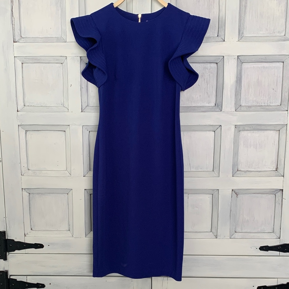 Calvin Klein Royal Blue Midi Dress with Ruffle Sleeves